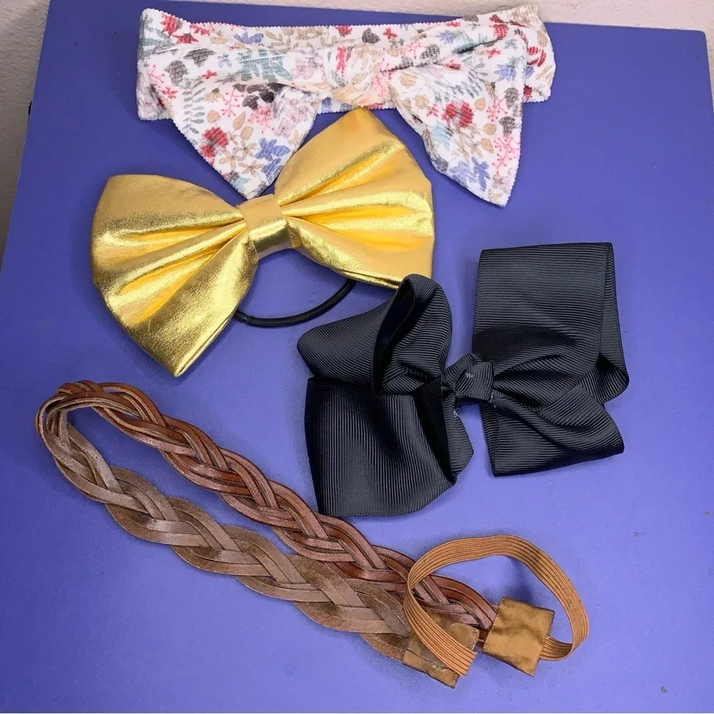 Lot Of 4 Hair Accessories Bows Headbands Gold Colorful Floral Faux Leather